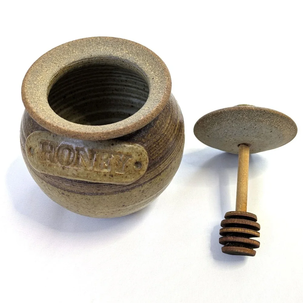 Studio Pottery Honey Pot Stoneware Jar with Lid and Wooden Dipper Brown Handmade